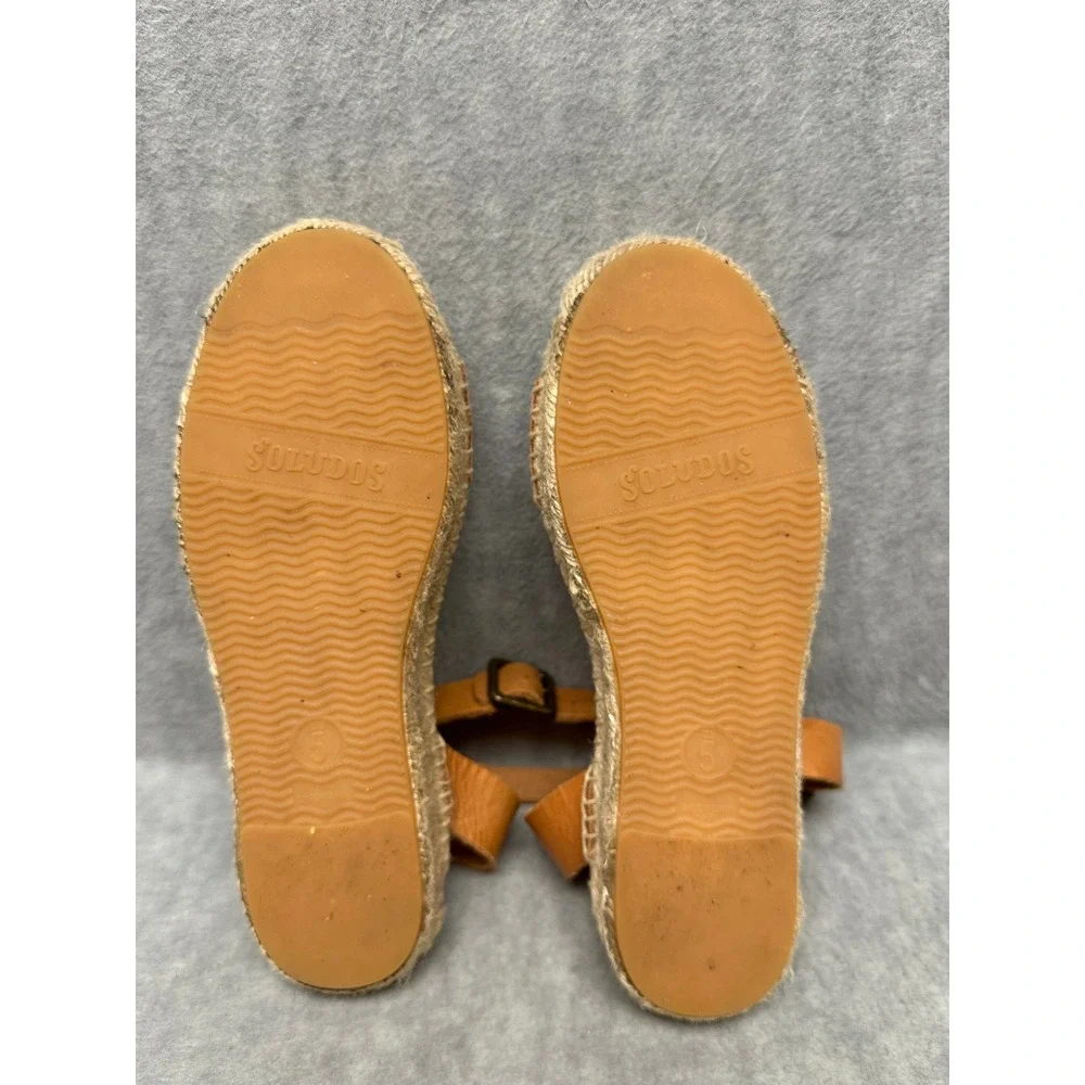 Soludos Espadrille Sandals‎ Tan Leather Ankle Strap Platform Jute Womens 5